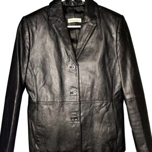 Amanda Smith Women 8 Genuine Leather Blazer Structured Jacket Black Notch Lapel